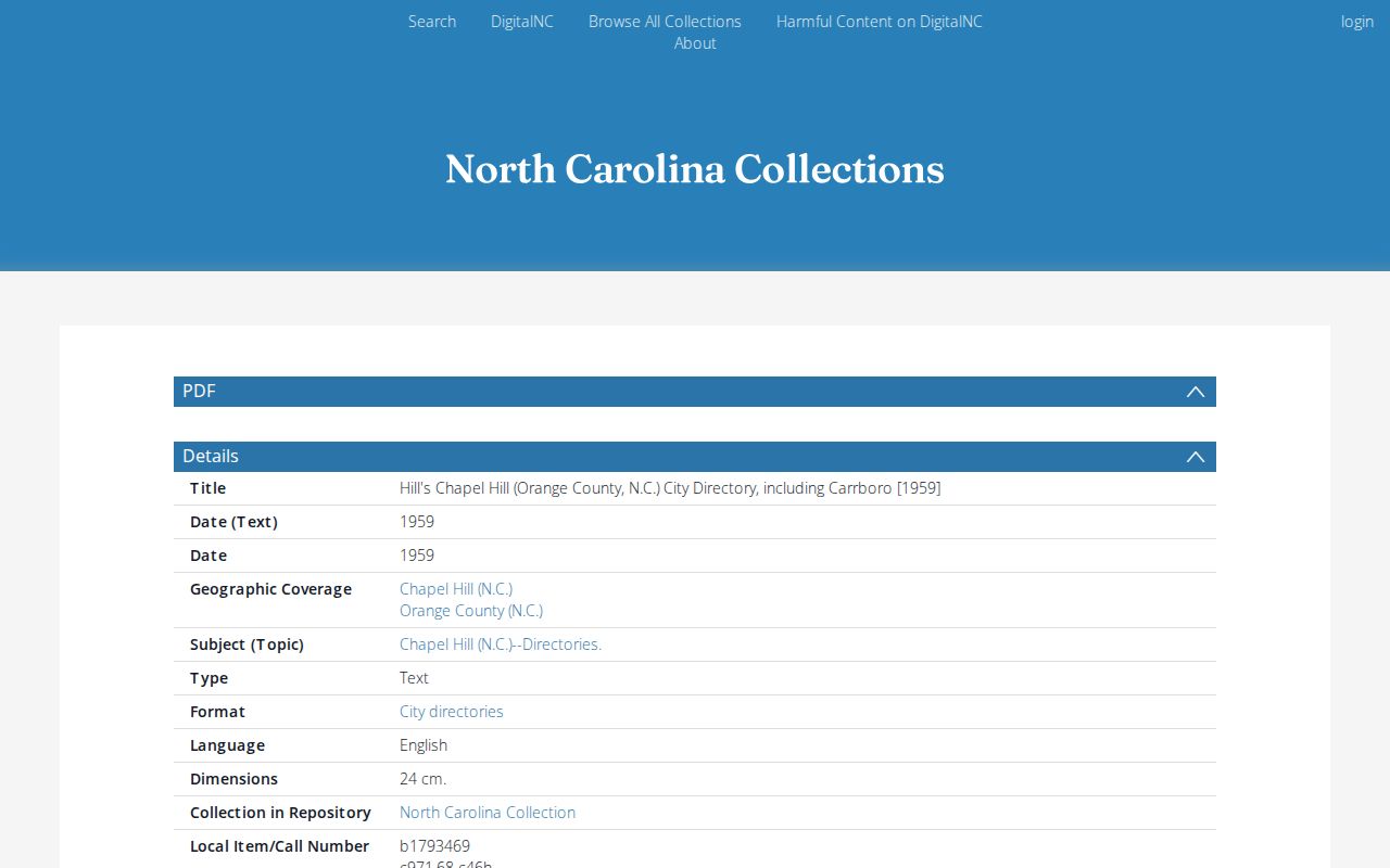 Carrboro city directory DigitalNC record for a Hill's directory