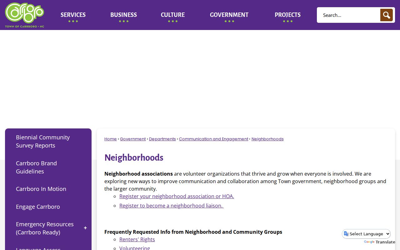 Carrboro neighbors Town Neighborhoods association and liaison page