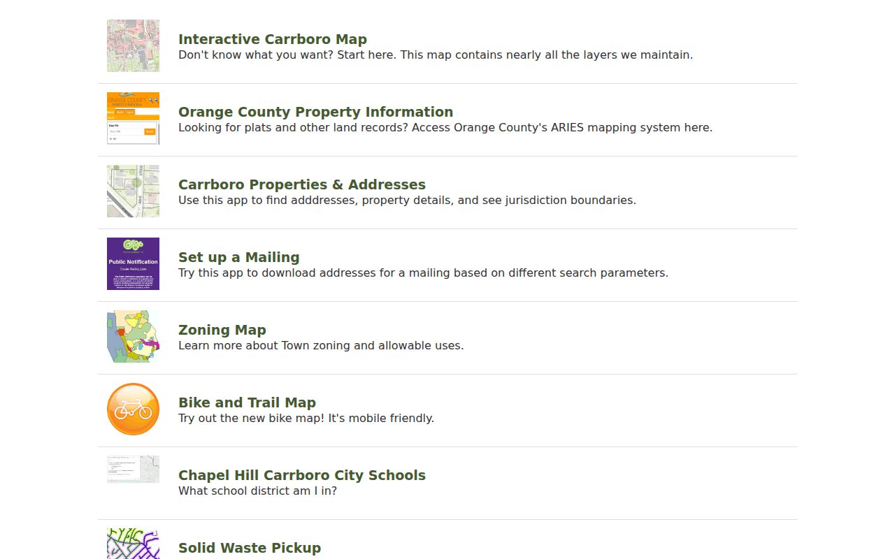 Carrboro street directory GIS tools for parcel and address research