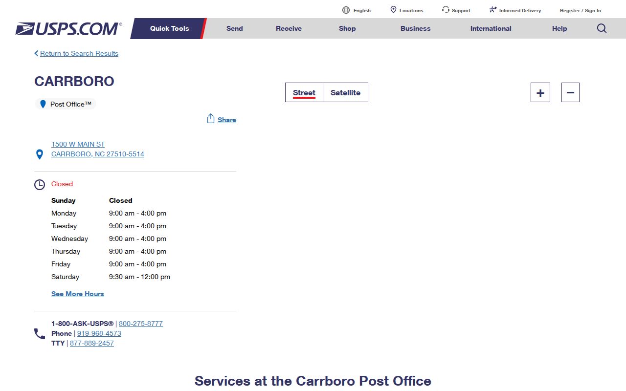 Carrboro ZIP code directory view of the Carrboro Post Office